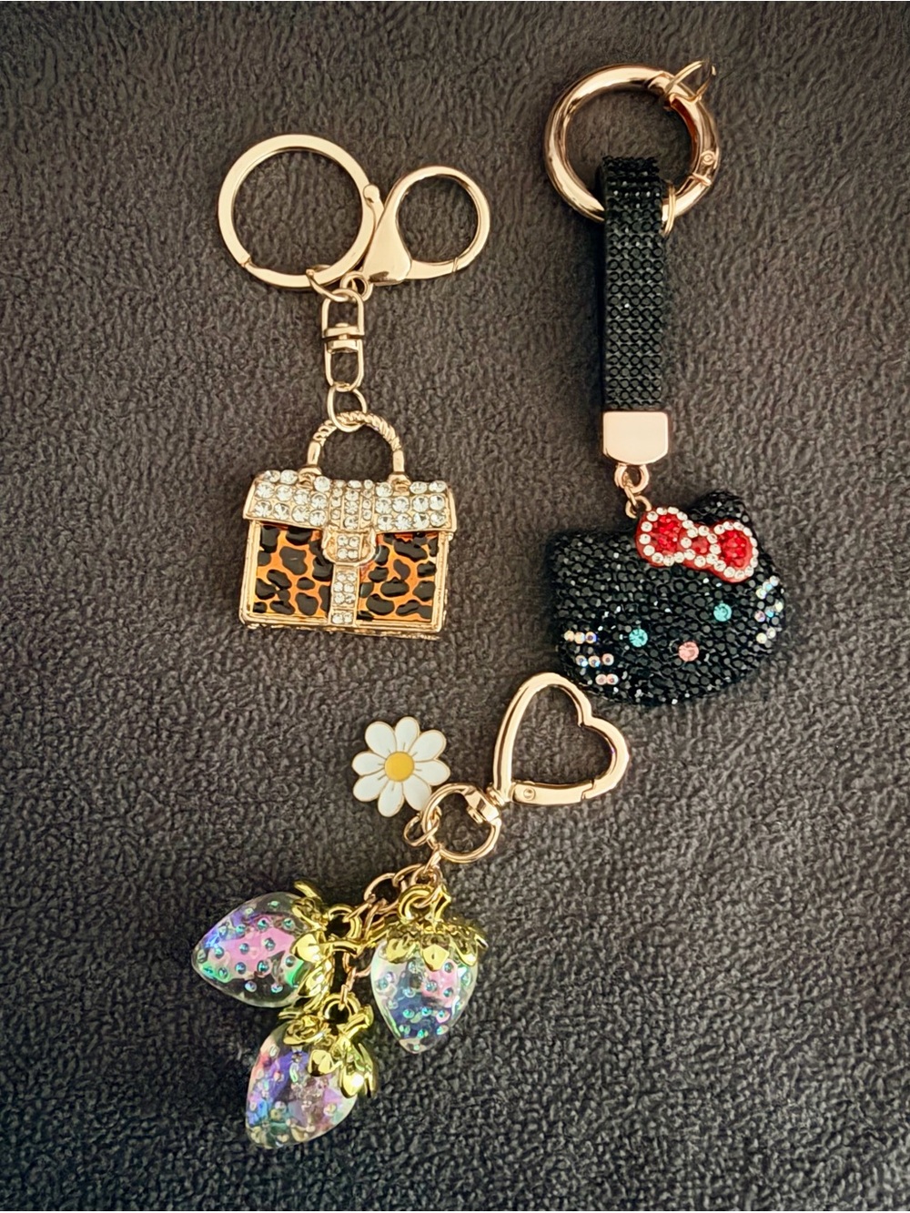 Rhinestones Metal Bag Charm, Rhinestones Blk HK, Iridescent Strawberries Charms